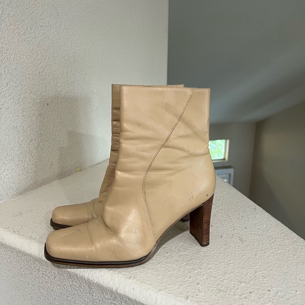 Women's Cream Leather Ankle Booties with Block Heel